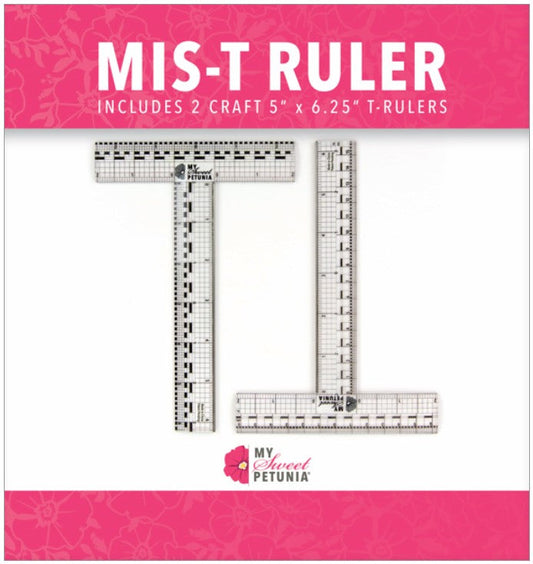 My Sweet Petunia - MIS-T Rulers. Designed and sized for papercrafters, the My Sweet Petunia Mis-T Ruler includes metric and imperial clear T rulers, with multiple units of measure, an inset steel ruler for cutting and a see through design that allows you to get perfect lines and cuts every time. Metal edge for cutting, Centering ruler on short and long side of T-square, Short side of the T-ruler is 5 inches, Long side is 6.25 inches. Available at Embellish Away located in Bowmanville Ontario Can
