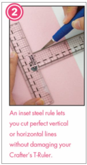 My Sweet Petunia - MIS-T Rulers. Designed and sized for papercrafters, the My Sweet Petunia Mis-T Ruler includes metric and imperial clear T rulers, with multiple units of measure, an inset steel ruler for cutting and a see through design that allows you to get perfect lines and cuts every time. Metal edge for cutting, Centering ruler on short and long side of T-square, Short side of the T-ruler is 5 inches, Long side is 6.25 inches. Available at Embellish Away located in Bowmanville Ontario Can