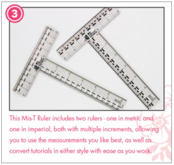 My Sweet Petunia - MIS-T Rulers. Designed and sized for papercrafters, the My Sweet Petunia Mis-T Ruler includes metric and imperial clear T rulers, with multiple units of measure, an inset steel ruler for cutting and a see through design that allows you to get perfect lines and cuts every time. Metal edge for cutting, Centering ruler on short and long side of T-square, Short side of the T-ruler is 5 inches, Long side is 6.25 inches. Available at Embellish Away located in Bowmanville Ontario Can