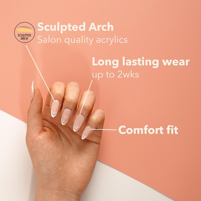 EBIN nude 3D press on nails French tip sculpted arch salon acrylics shown on hand demonstrating comfort fit
