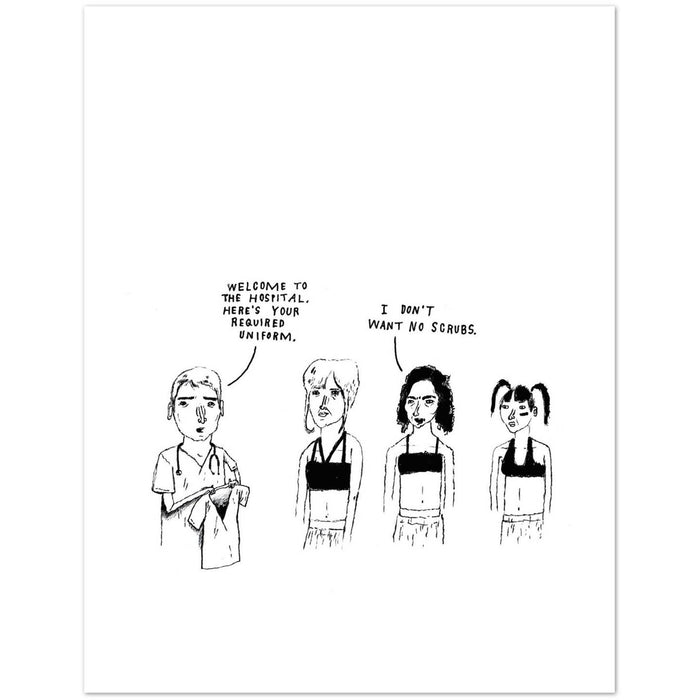 Graphic poster print with illustrated scrubs uniforms and speech-bubble text