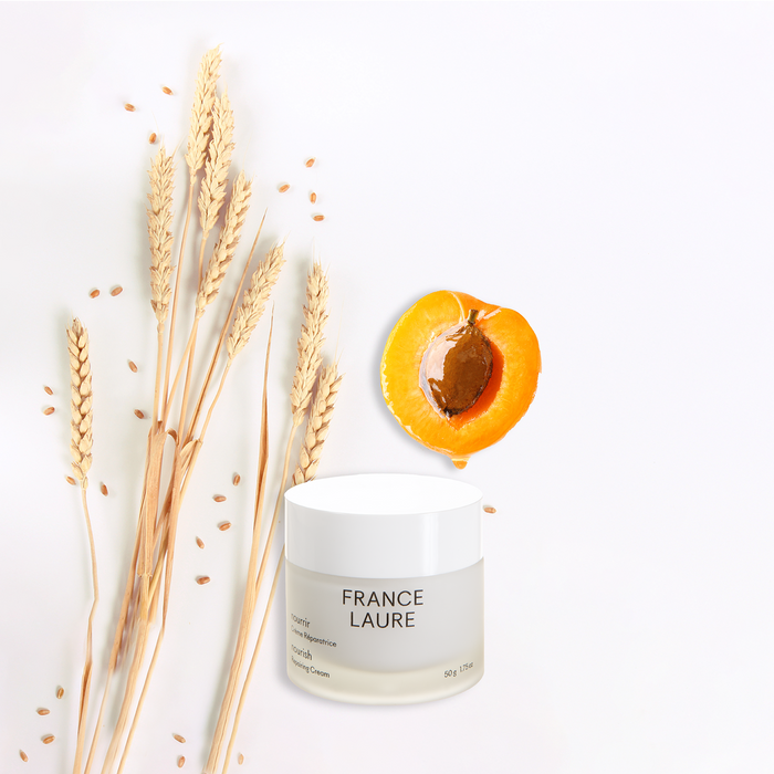 France Laure Nourish Repairing Cream jar with apricot slice and wheat stalks, natural skincare for all skin types