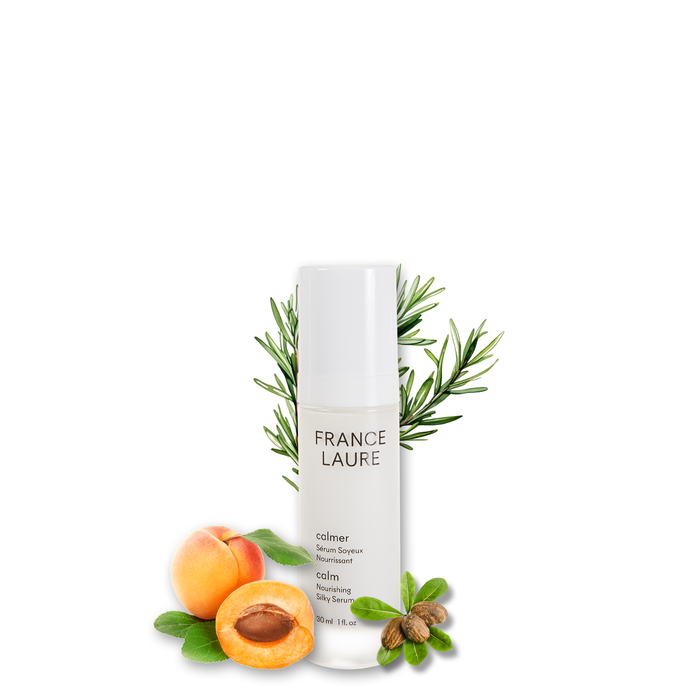 France Laure Calm Nourishing Silky Serum bottle with apricot, rosemary, and argan nuts, for soothing skincare routine