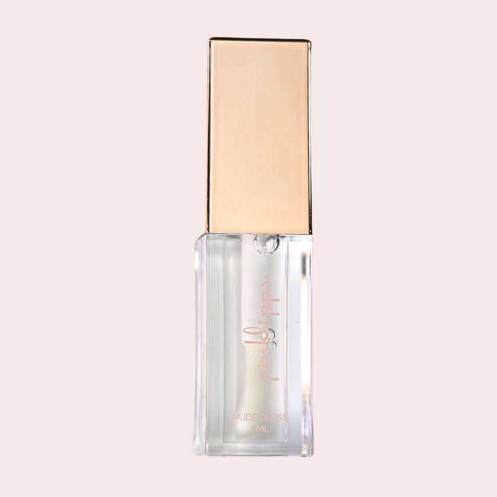 Pink Lipps 'Stripped' Nude Glass Gloss tube on white background of a clear high-gloss finish