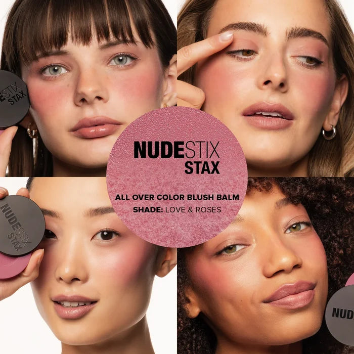 NUDESTIX STAX All Over Color Blush Balm in various shades, featuring stacked tins with creamy blush balms and colorful packaging.