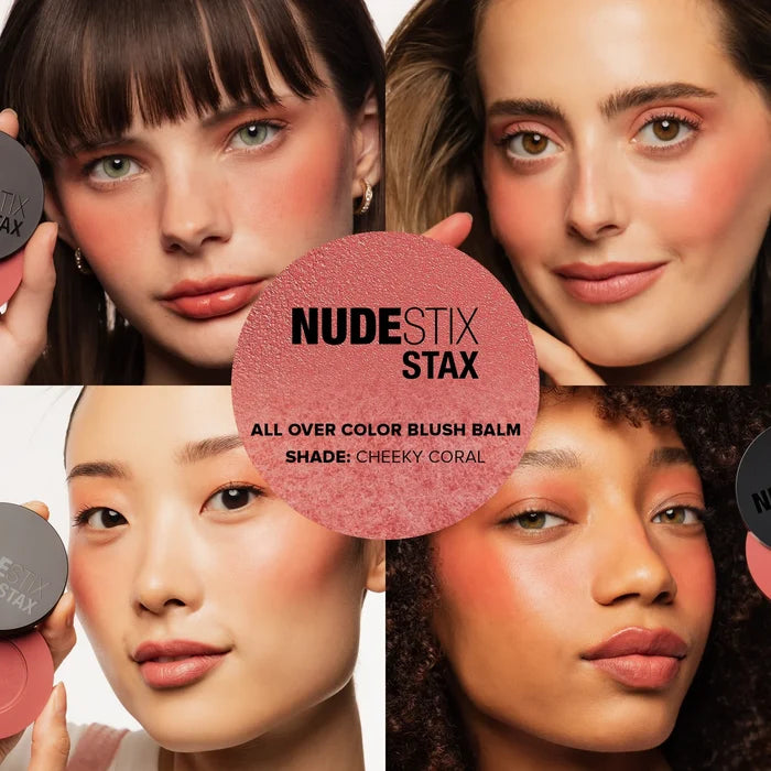 NUDESTIX STAX All Over Color Blush Balm in various shades, new in box, showcasing colorful, creamy blush products for natural glow.