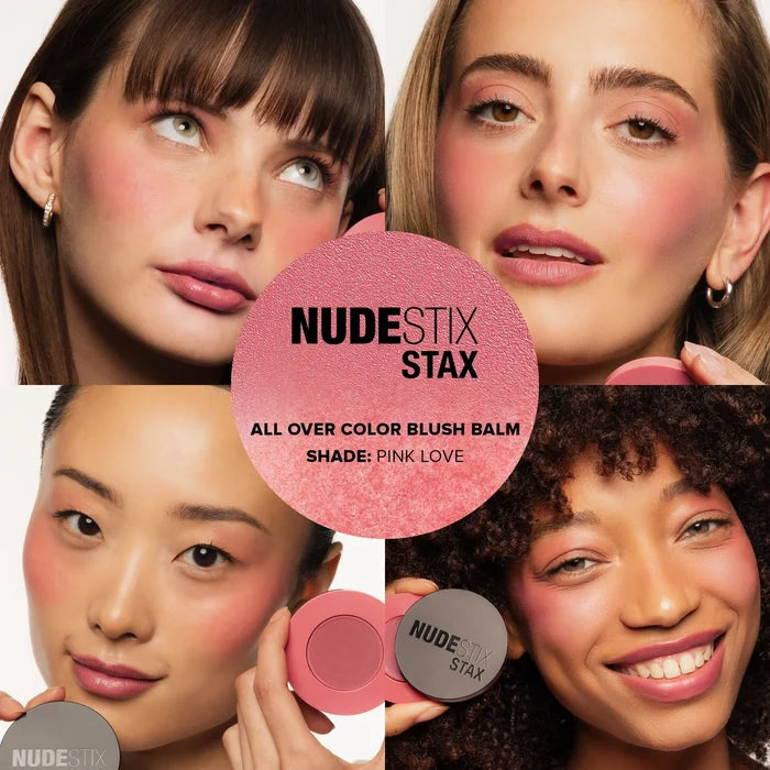 NUDESTIX STAX All Over Color Blush Balm in various shades, shown in unopened packaging with colorful stacked containers.