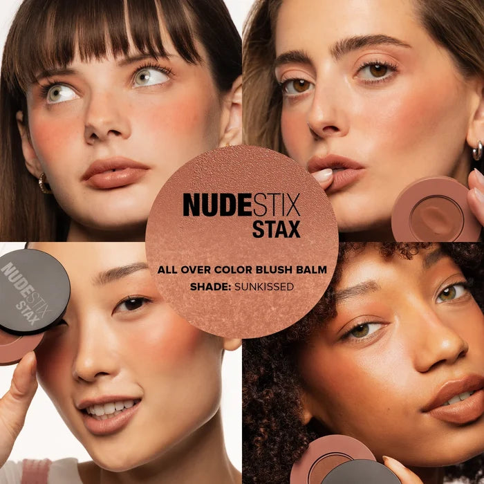 NUDESTIX STAX All Over Color Blush Balm in various shades, showing creamy texture and vibrant color swatches on skin.