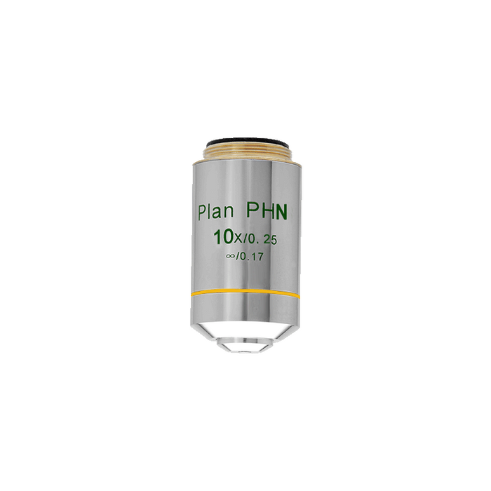Objective Working Distance 5.03mm 10X Infinity Plan Achromatic Negative Phase Contrast Objective, SKU PH03023334, three quarter front view
