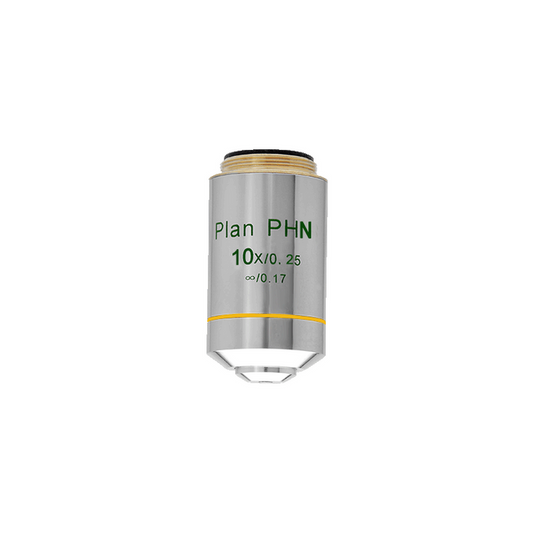 Objective Working Distance 5.03mm 10X Infinity Plan Achromatic Negative Phase Contrast Objective, SKU PH03023334, three quarter front view