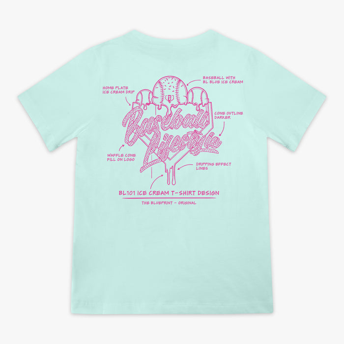 Light blue t-shirt with pink ice cream graphic and "Baseball Lifestyle 101" logo