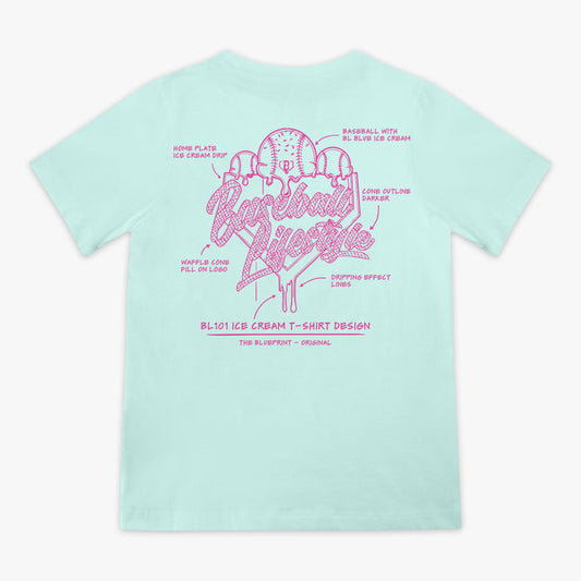 Light blue t-shirt with pink ice cream graphic and "Baseball Lifestyle 101" logo