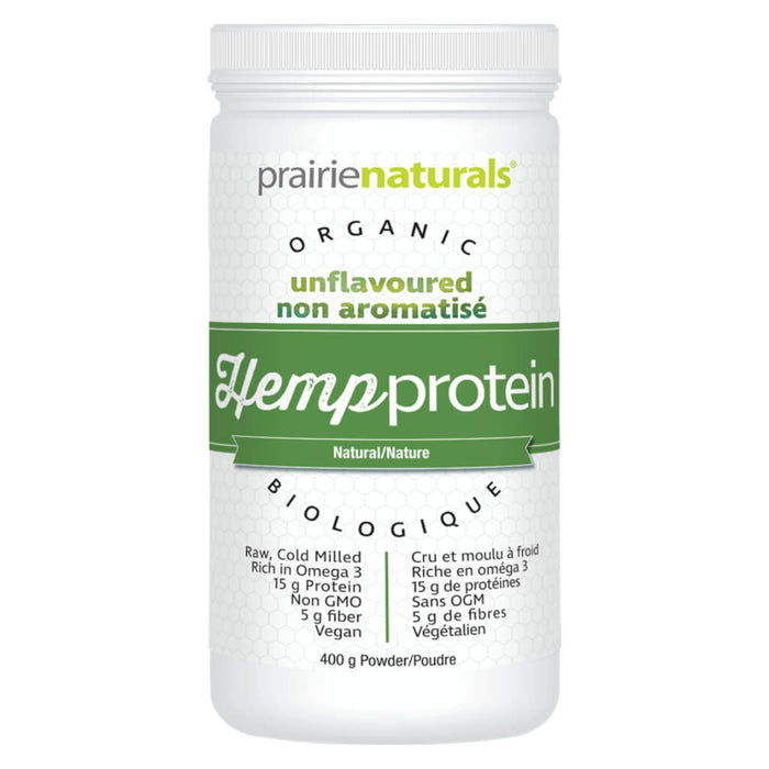 Container of Prairie Naturals Organic Hemp Protein Natural  Unflavoured 400 Grams
