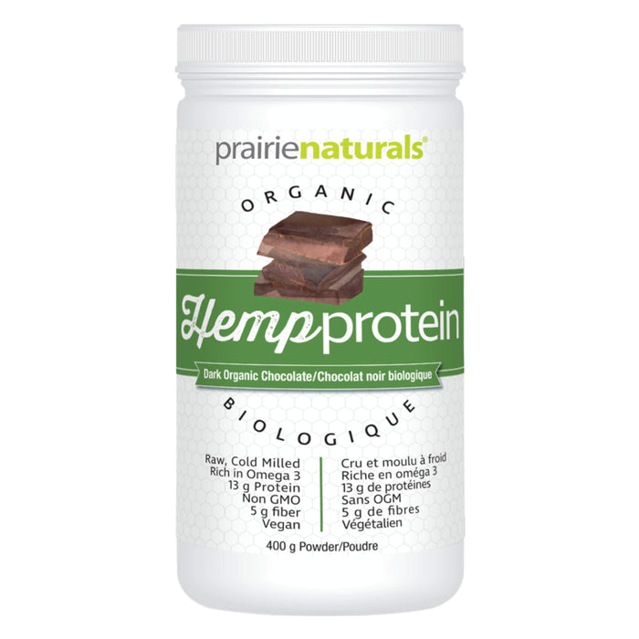 Container of Prairie Naturals Organic Hemp Protein Organic Dark Chocolate 400 Grams