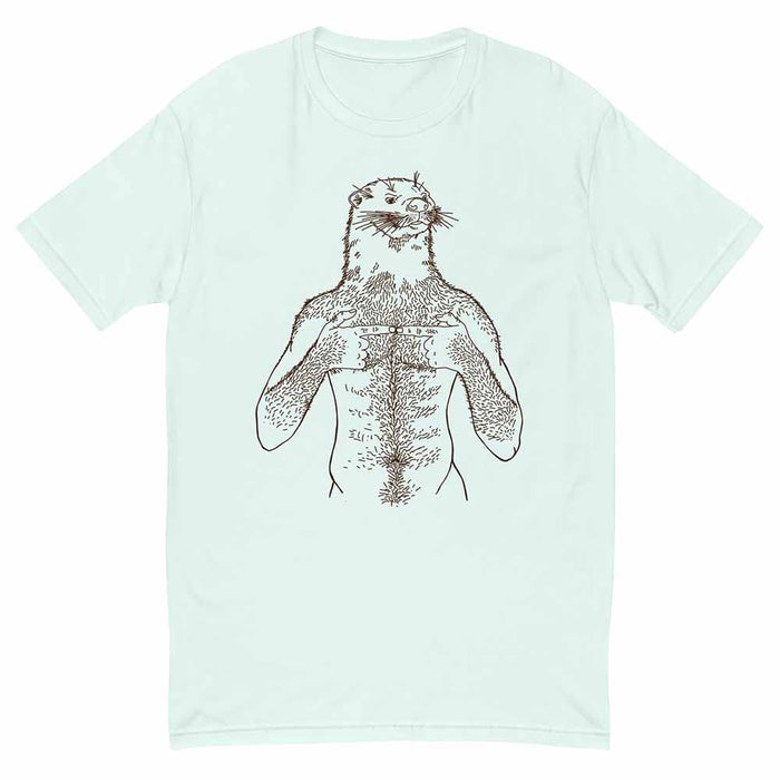 Light blue t-shirt with a otter man design on a white background
