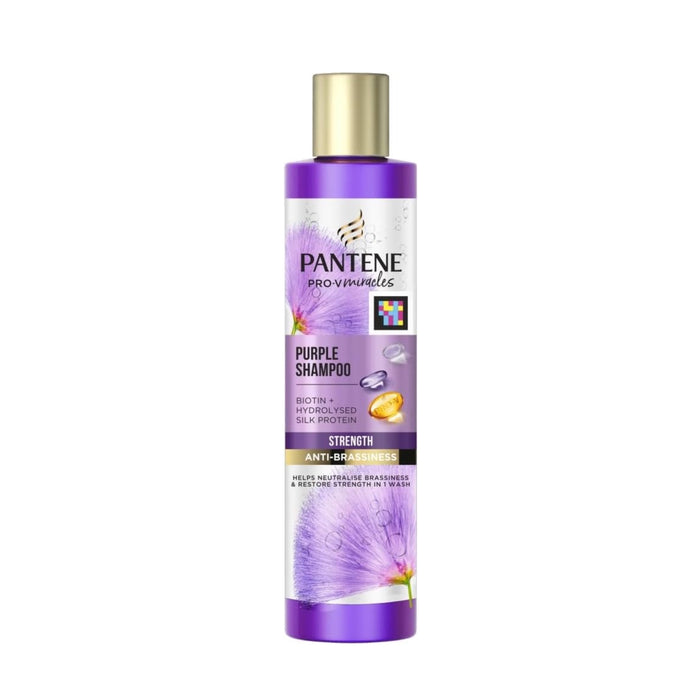 PANTENE pro v miracles purple shampoo biotin + hydrol ysed silk protein sttrength anti brassiness شامبو البايوتين للشعر من بانتين