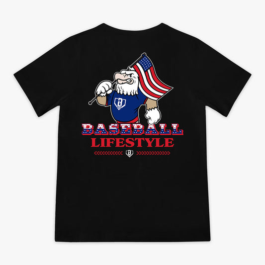 Black youth short sleeve tee with patriotic bald eagle holding American flag above Baseball Lifestyle text in red and star-fill lettering on white background