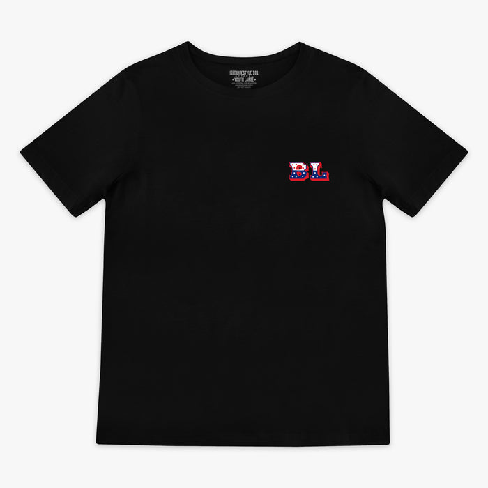 Front: Black youth short sleeve tee with red white and blue star-filled BL collegiate logo graphic on left chest on white background