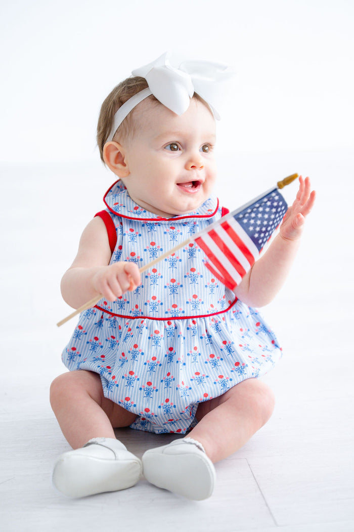 Newborn & Baby Girls 100% Pima Cotton Red & Blue Patriotic Floral Bubble – 4th of July & Memorial Day Outfit – Sizes NB–2T