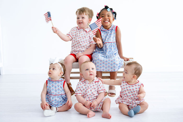 Baby Girls Patriotic Floral One-Piece Bubble – Soft Pima Cotton Red & Blue Print – Fourth of July, Memorial Day & Backyard Cookouts – Sizes NB–2T