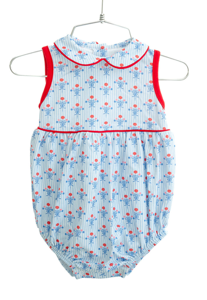 Newborn to Toddler Girls Classic Red & Blue Floral Pima Cotton Bubble – 4th of July, Summer Parties & Parade Outfit – Sizes NB–2T
