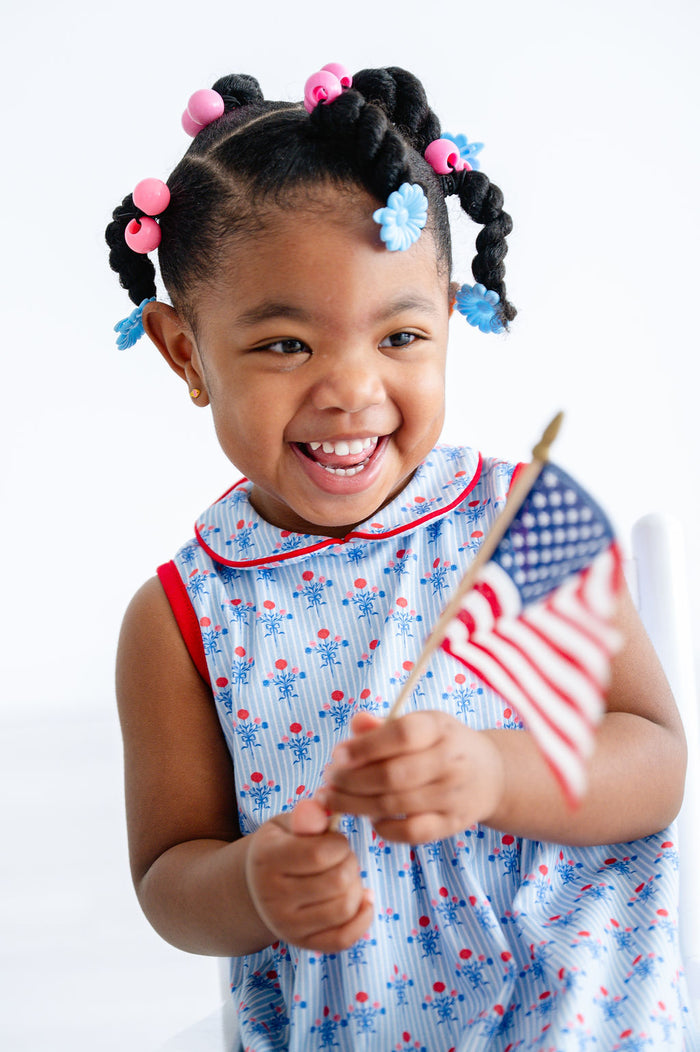 Toddler & Girls 100% Pima Cotton Red & Blue Patriotic Floral Dress – 4th of July & Memorial Day Outfit – Sizes 12M–8