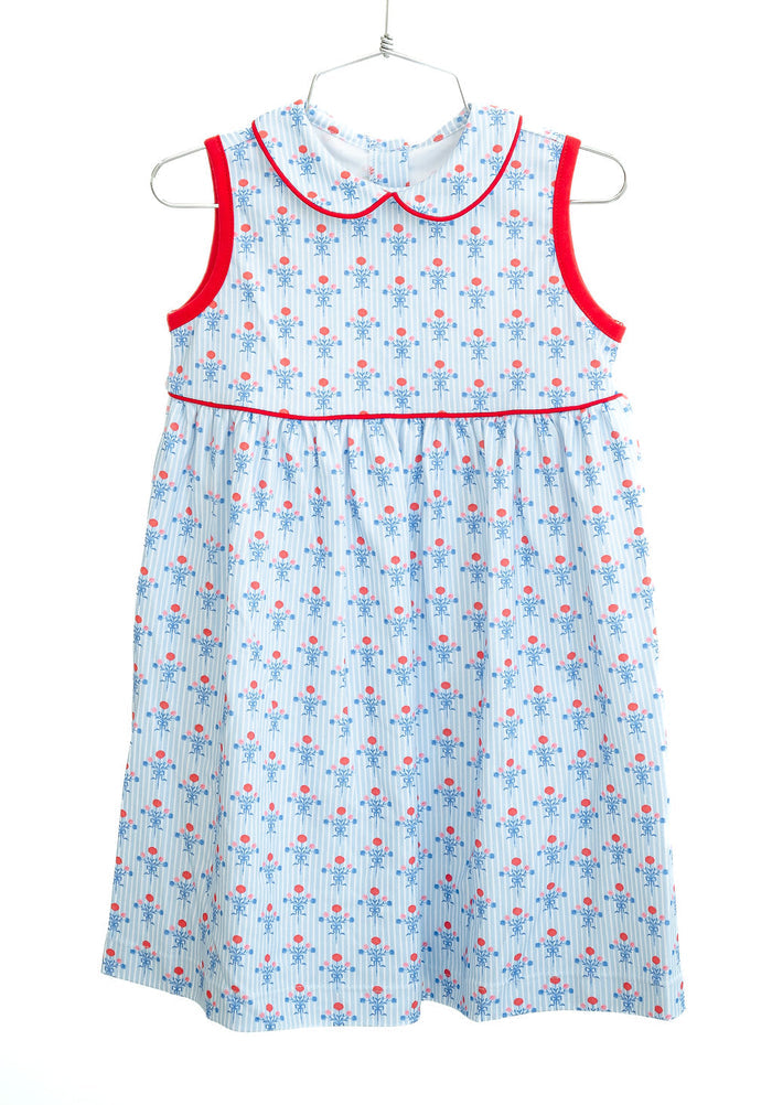 Toddler & Girls Lightweight Pima Cotton Patriotic Floral Dress – Red & Blue Summer Print – Fourth of July, Memorial Day & Summer Celebrations – Sizes 12M–8