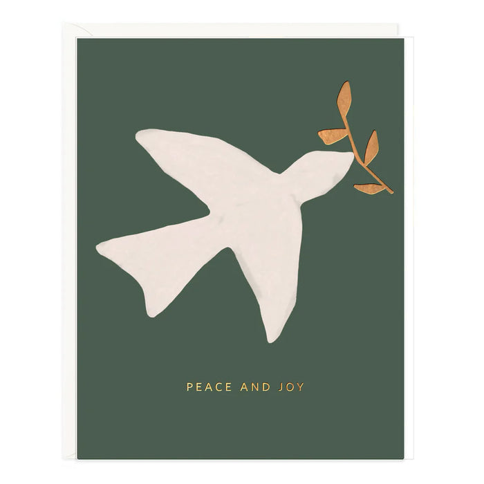 Peace and Joy holiday greeting card with white dove and olive branches
