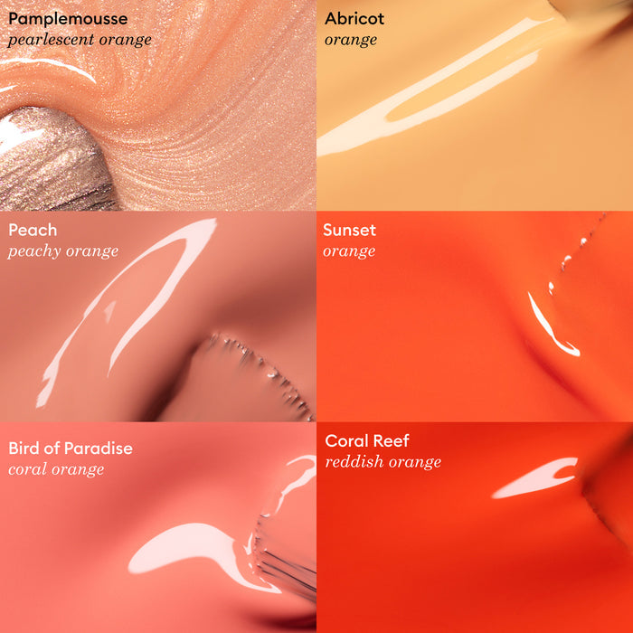 Six close-up squares display orange nail polish shades from Manucurist, including Peach (peachy orange), Pamplemousse (pearlescent orange), Abricot (orange), Sunset, Bird of Paradise, and Coral Reef.