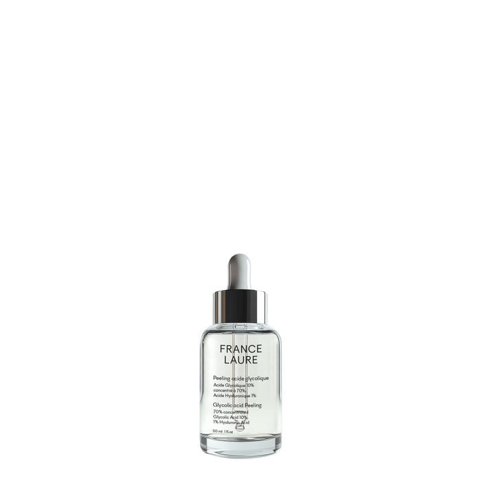 France Laure Glycolic Acid Peeling serum with 10% glycolic acid and 1% hyaluronic acid in a clear glass dropper bottle, 30ml