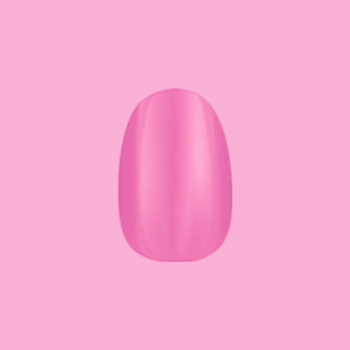 Peony | Extra Short | Round - Tab Press-On nail in bright pink with glossy finish on a solid pink background