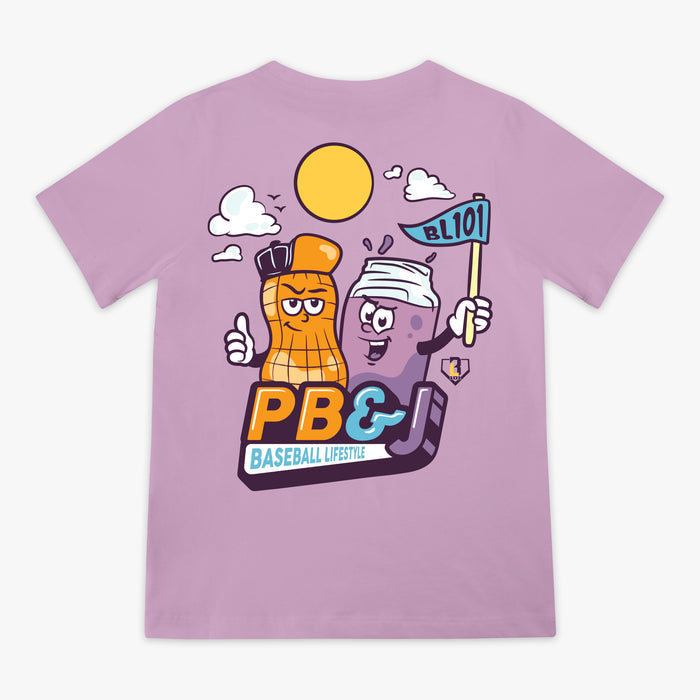 Back flat lay of the BL101 youth PB&J Baseball Lifestyle tee in purple, featuring the cartoon peanut and jelly jar mascot graphic on a white background.