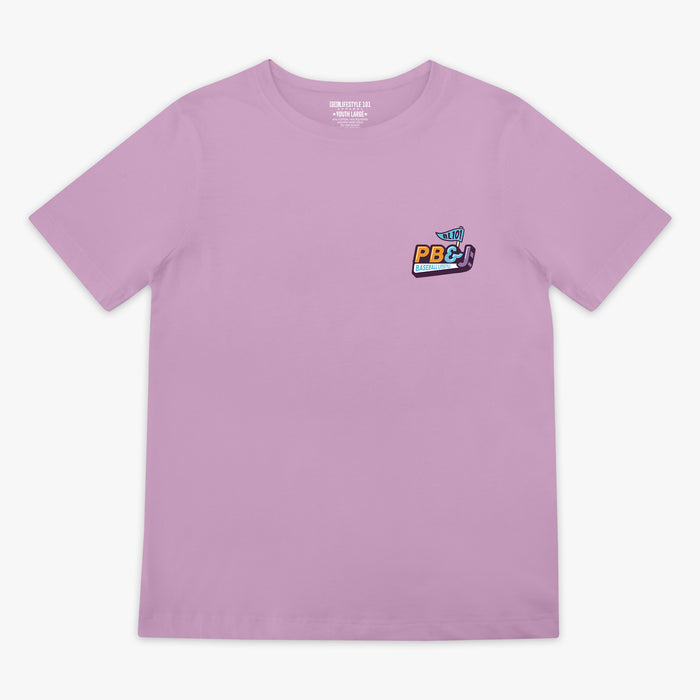 Front flat lay of the BL101 youth PB&J Baseball Lifestyle tee in purple, showing the chest logo on a white background.