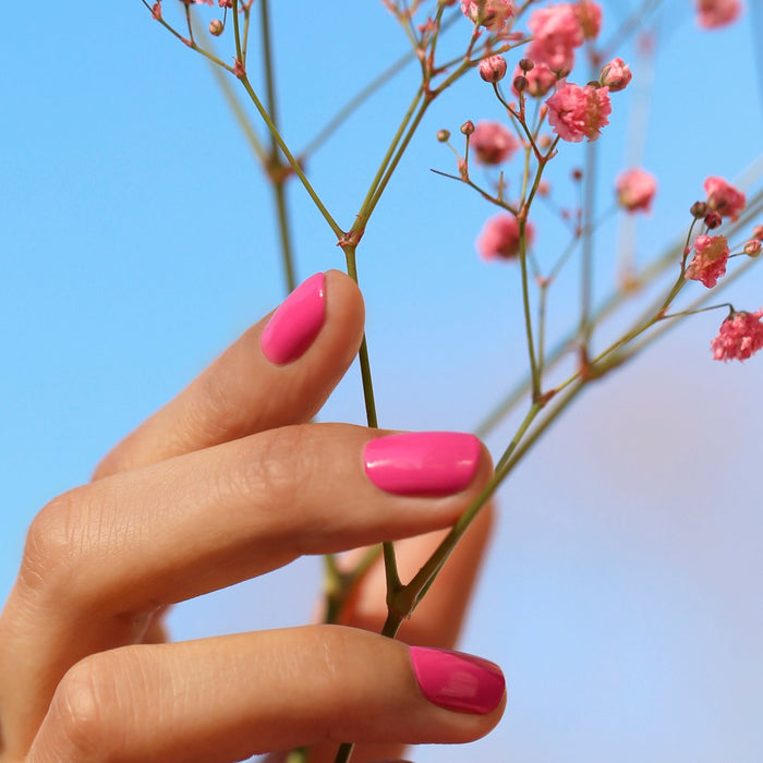 A hand with Pétula by Manucurist, a bright pink nail polish with blue undertones, holds delicate pink flowers against a clear blue sky.