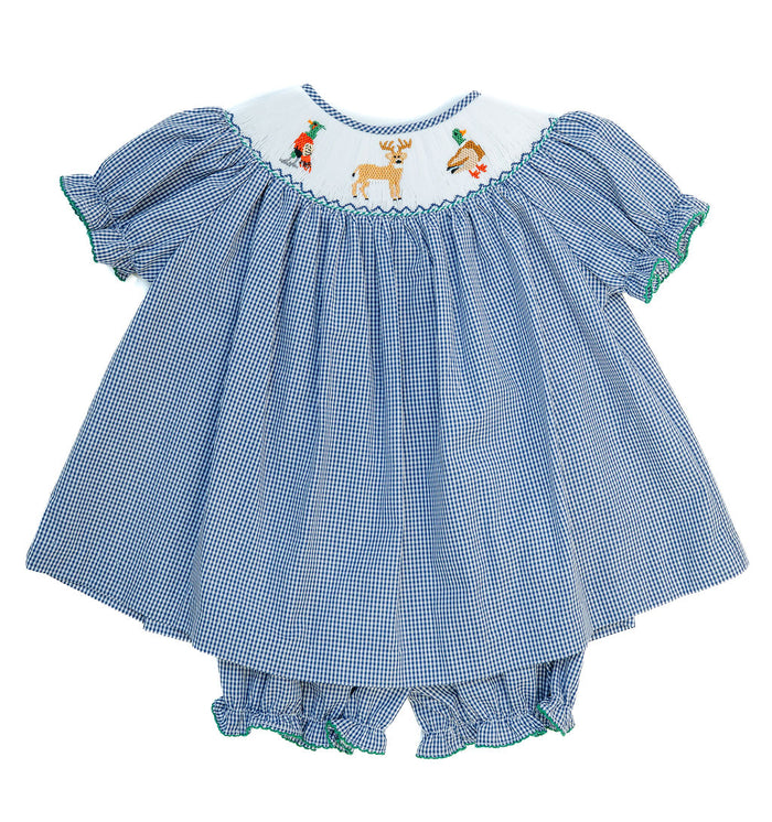 Smocked Hunting Season Bloomer Set by Ruth and Ralph, blue gingham dress with bishop collar and bloomers, on hanger