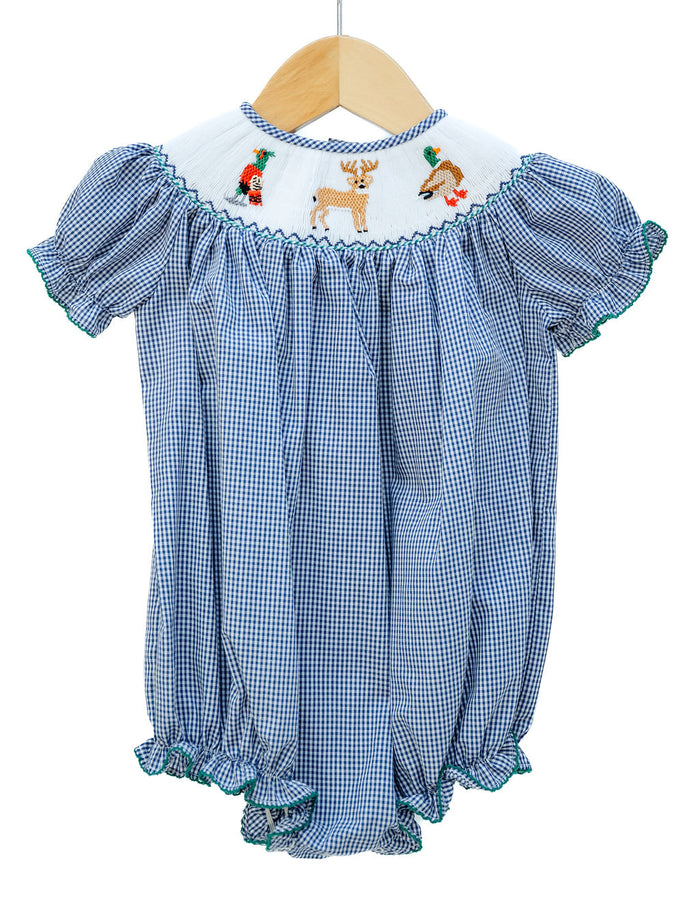 Smocked Hunting Season Bubble for Girls by Ruth and Ralph, blue gingham with ruffle sleeves, on hanger