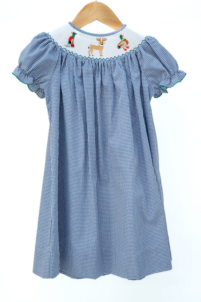 Smocked Hunting Season Dress by Ruth and Ralph, blue gingham with bishop collar, on hanger