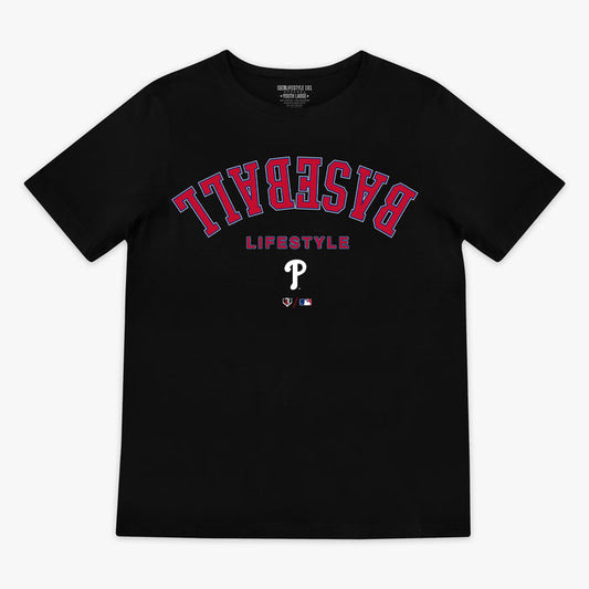 Black youth graphic tee with "Philadelphia Phillies Upside Down" design — front view
