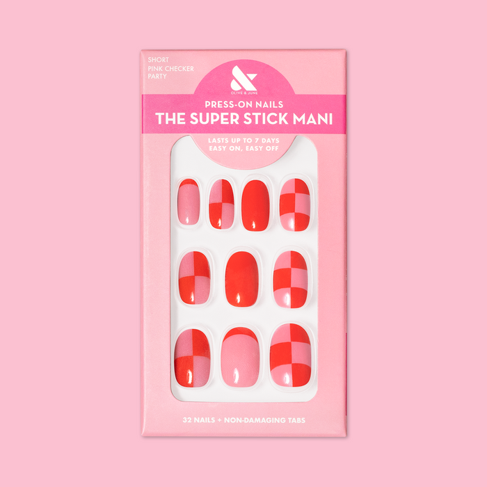 Pink Checker Party | Short | Round - Tab Press-On nails displayed in packaging with pink and red checker designs on soft pink background