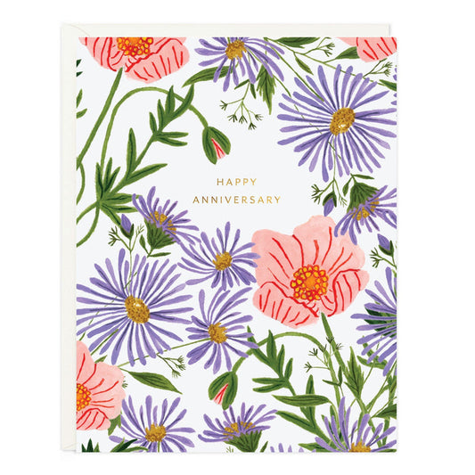 Anniversary card with purple and orange floral poppy-style pattern and “Happy Anniversary” text