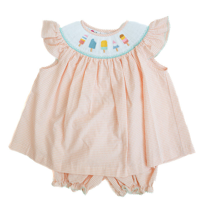 Baby & Toddler Girls 100% Cotton Seersucker Light Orange Hand-Smocked Colorful Popsicles Neckline Bloomer Set with Diaper Cover – Summer Vacation & Celebration Outfit – Sizes 3M–4T