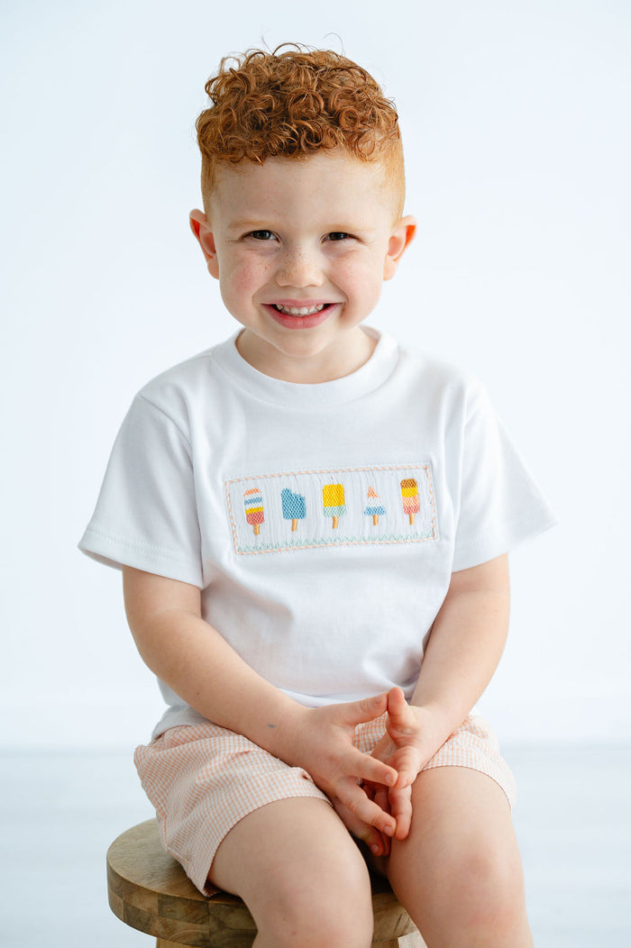 Toddler & Boys White Cotton Hand-Smocked Colorful Popsicles T-Shirt & Light Orange Seersucker Shorts Set – Summer Beach & Vacation Outfit – Sizes 12M–8