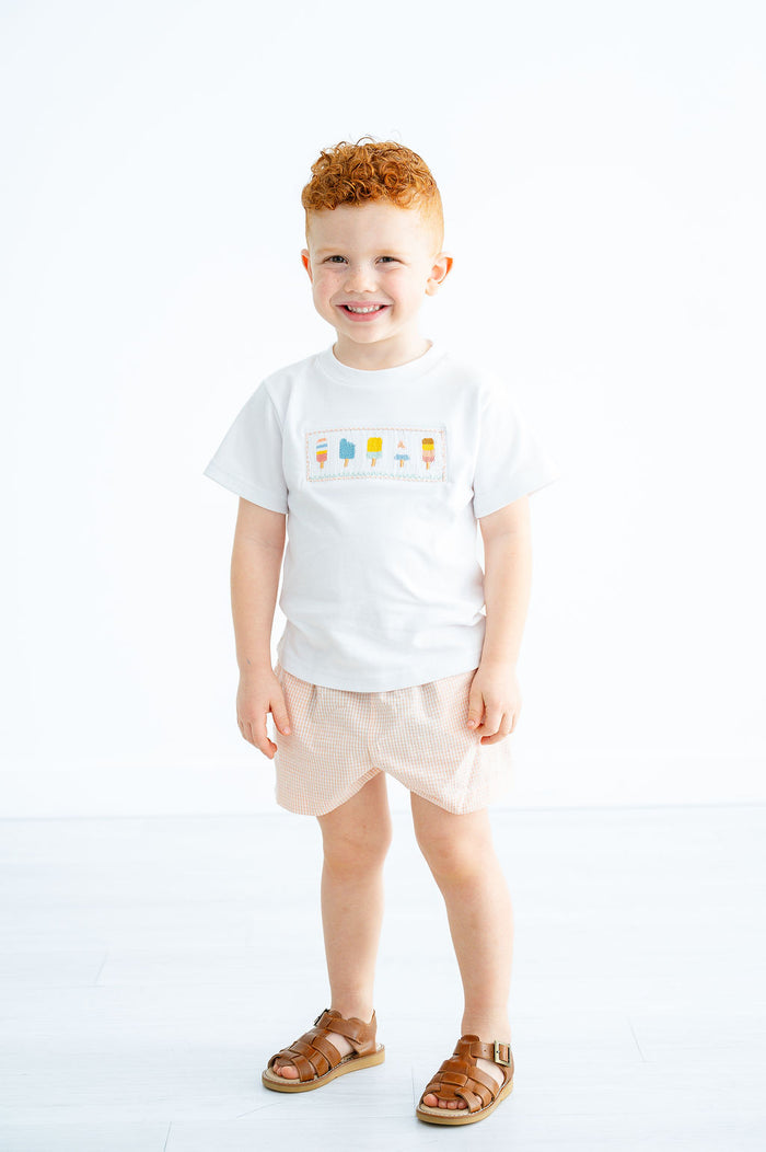 Boys Classic Smocked Popsicle Two-Piece Set – White Tee with Hand-Smocked Colorful Popsicles & Light Orange Seersucker Shorts – Summer Parties, Pool Days & Beach Trips – Sizes 12M–8