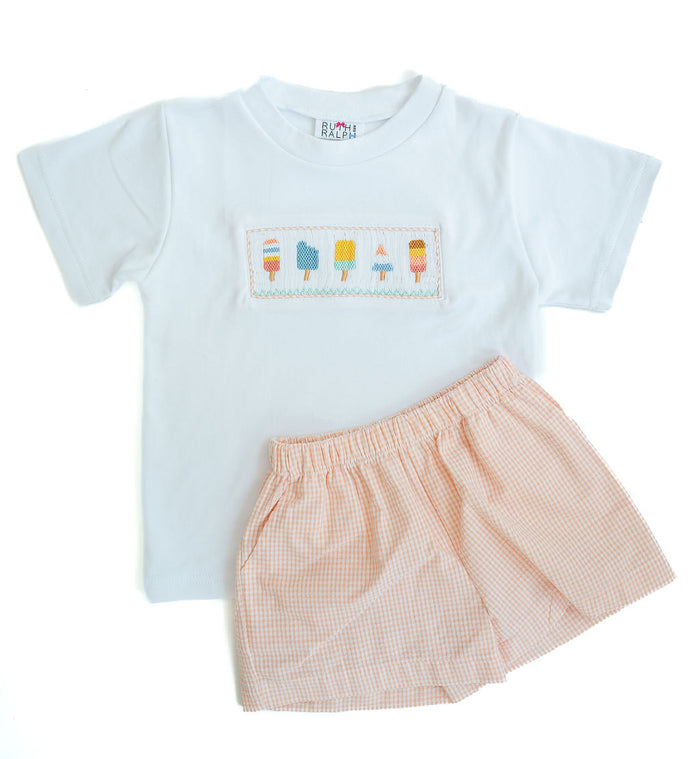 Boys 100% Cotton Hand-Smocked Popsicle Tee & Light Orange Seersucker Shorts – Classic Two-Piece Summer Set – Beach Vacations, Pool Days & Special Occasions – Sizes 12M–8