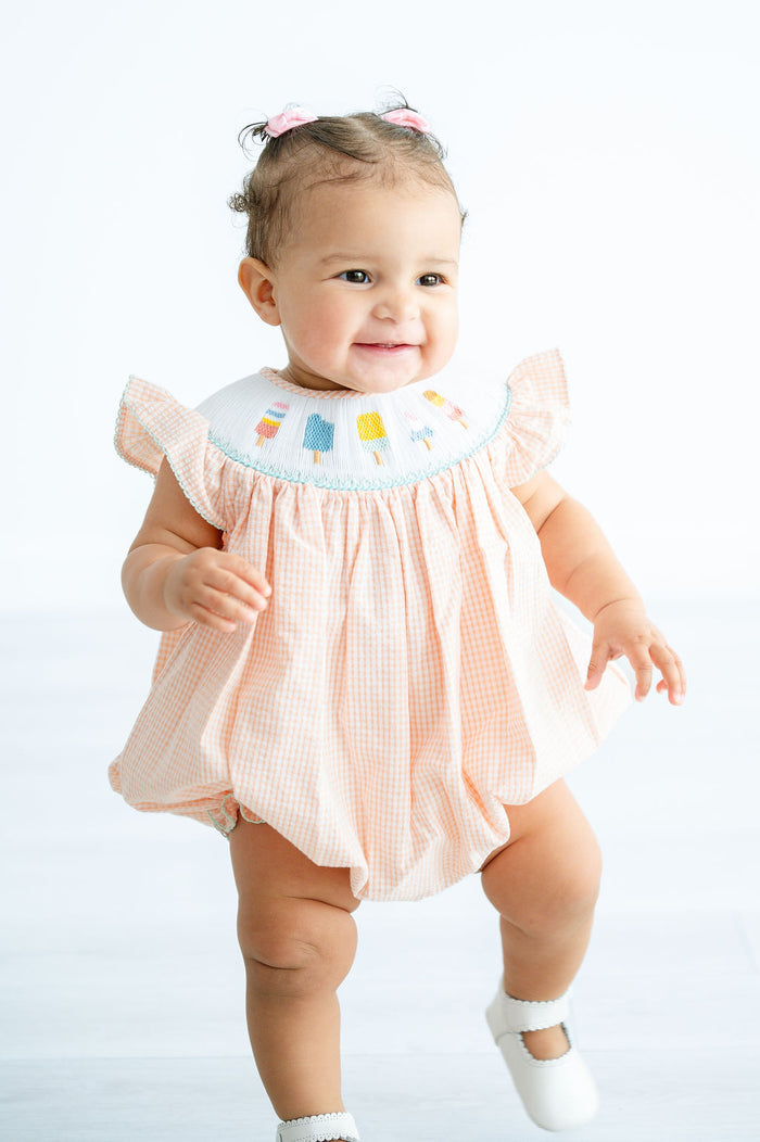Newborn & Baby Girls 100% Cotton Seersucker Light Orange Hand-Smocked Popsicle Neckline Bubble – Summer Beach & Pool Day Outfit – Sizes NB–2T