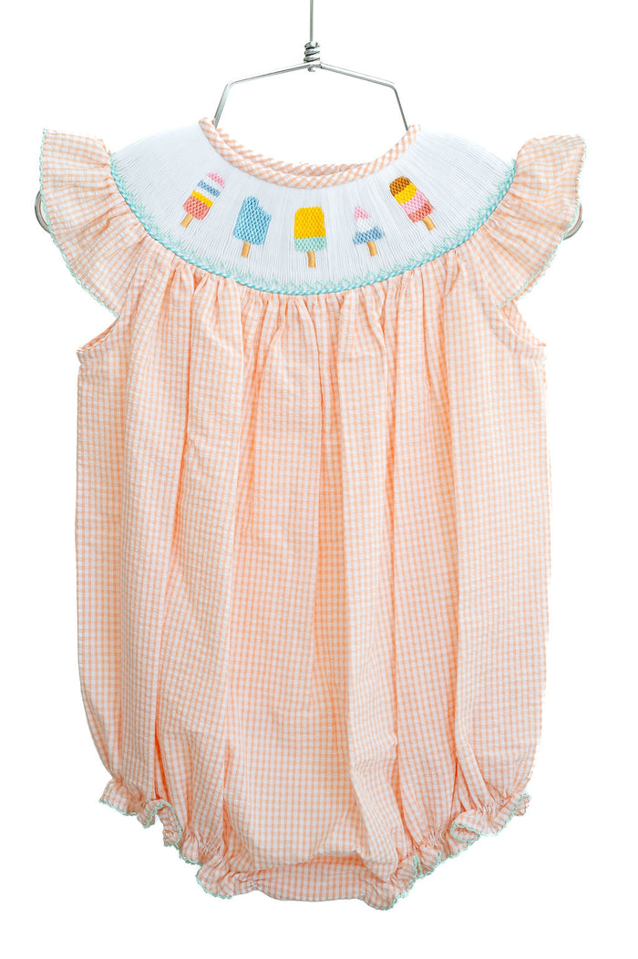 Baby Girls Light Orange Cotton Seersucker Hand-Smocked Popsicle Bubble – Perfect for Beach Vacations, Summer Parties & Special Occasions – Sizes NB–2T