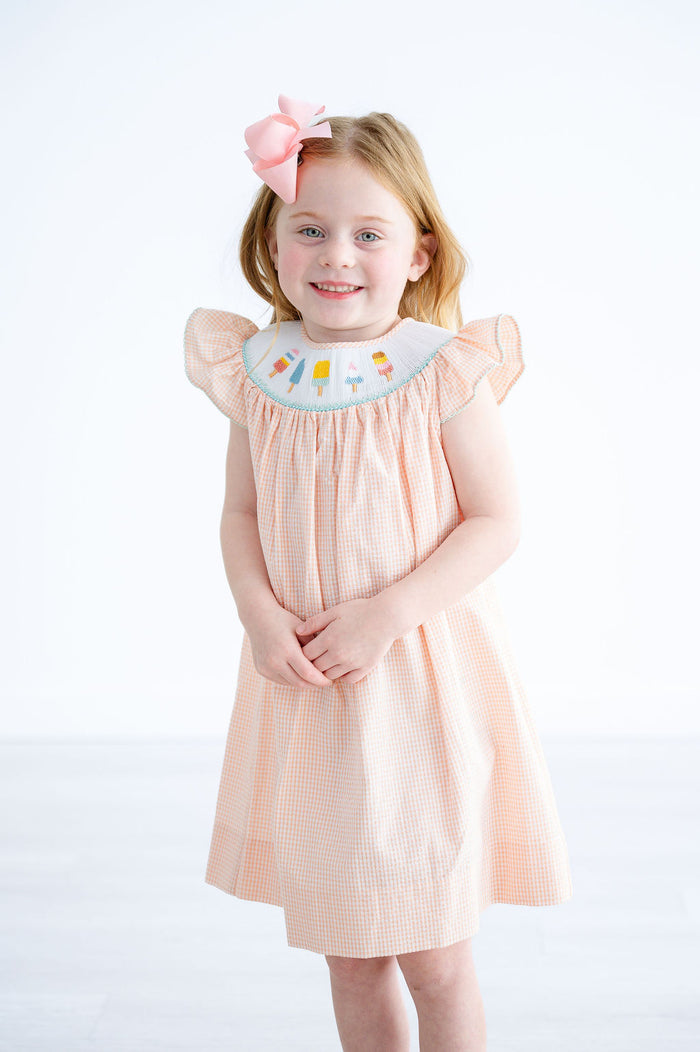 Girls Classic Smocked Popsicle Dress – Light Orange Seersucker with Hand-Smocked Colorful Popsicle Neckline – Summer Parties & Pool Days – Sizes 12M–8