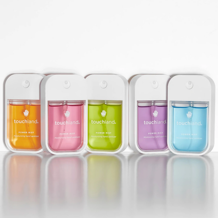 Assorted touchland Power Mist hydrating hand sanitizer pouches in multiple colors
