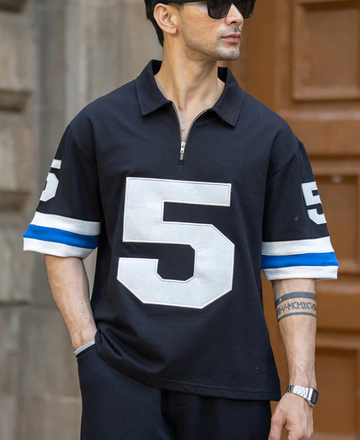 Powerlook Black Contrast Applique Cotton T-Shirt