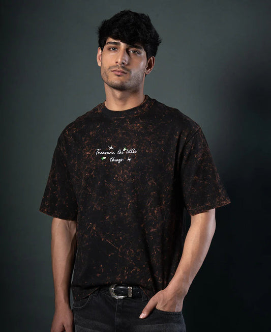 Powerlook Dark Brown Floral Embroidery Cotton T-Shirt